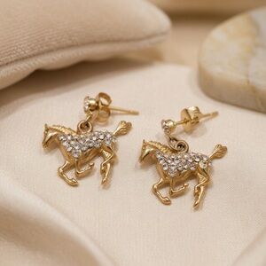 Gold Tone Running Horse Rhinestone Earrings Sparkle Cocktail Fashion Statement